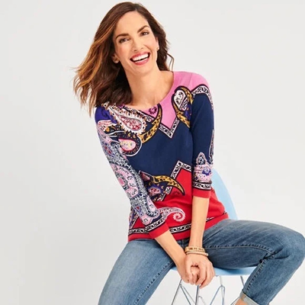 Talbots Paisley Scoop Neck Sweater size Petite Medium‎